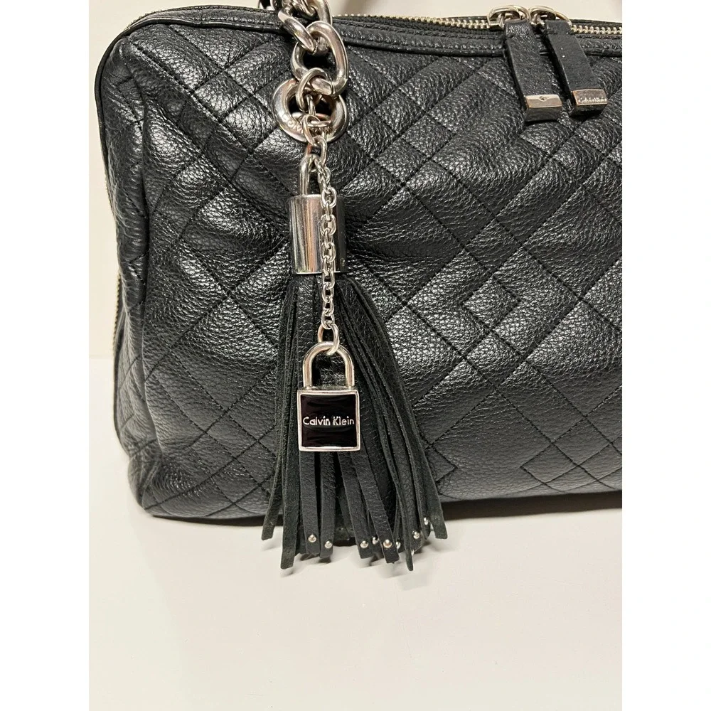 Calvin Klein Black Quilted Leather Satchel Bag Silver Chain Tassel Charm Handbag